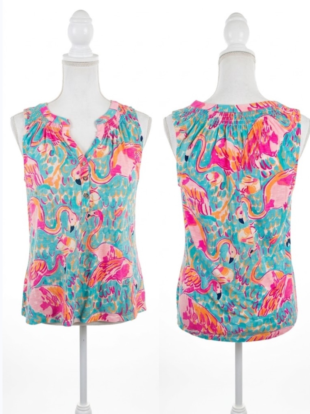 Lilly Pulitzer Pink, Aqua & Yellow Flamingo Print Sleeveless Top